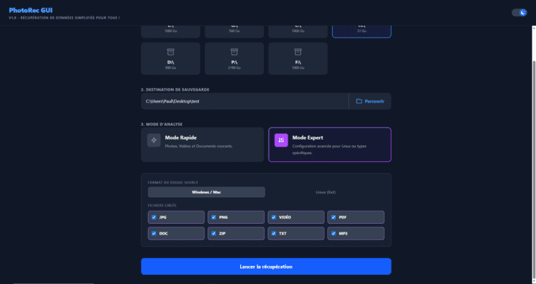Options de récupération avant le scan